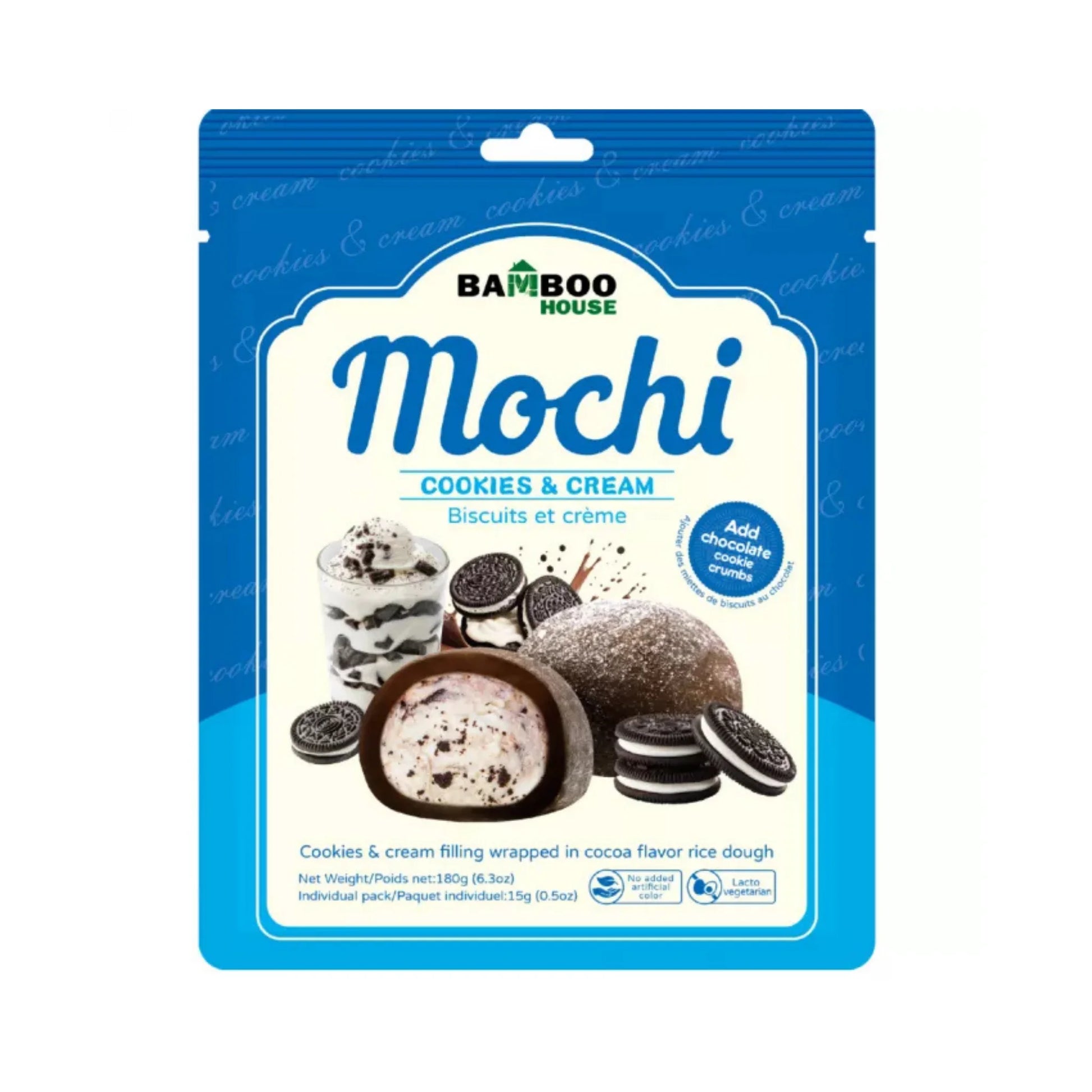 Weiche Mochi-Reiskuchen mit cremiger Cookies & Cream Füllung in einer 180g Packung von BAMBOO HOUSE