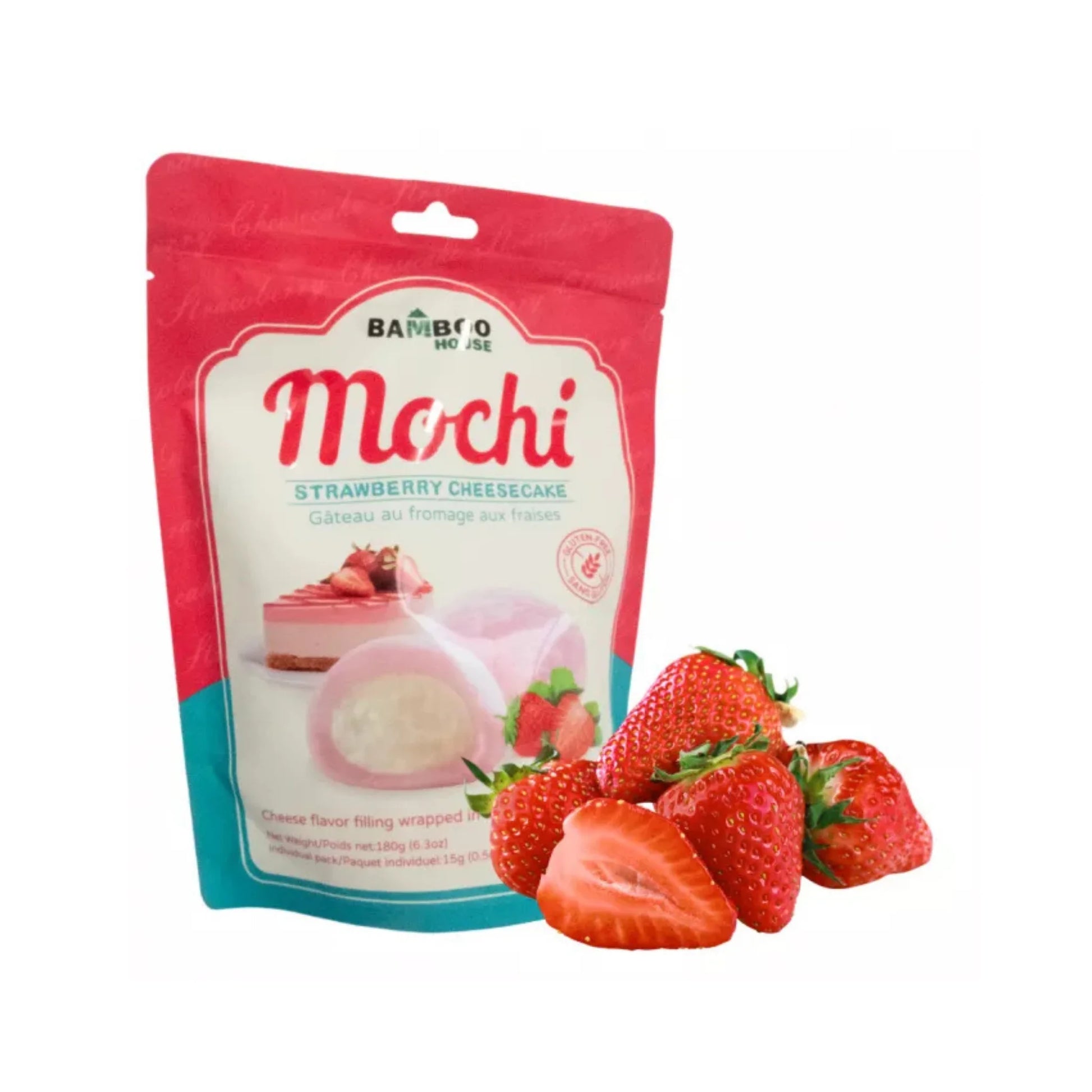 Weiche Mochi-Reiskuchen mit cremiger Erdbeer-Käsekuchen-Füllung in einer 180g Packung von BAMBOO HOUSE