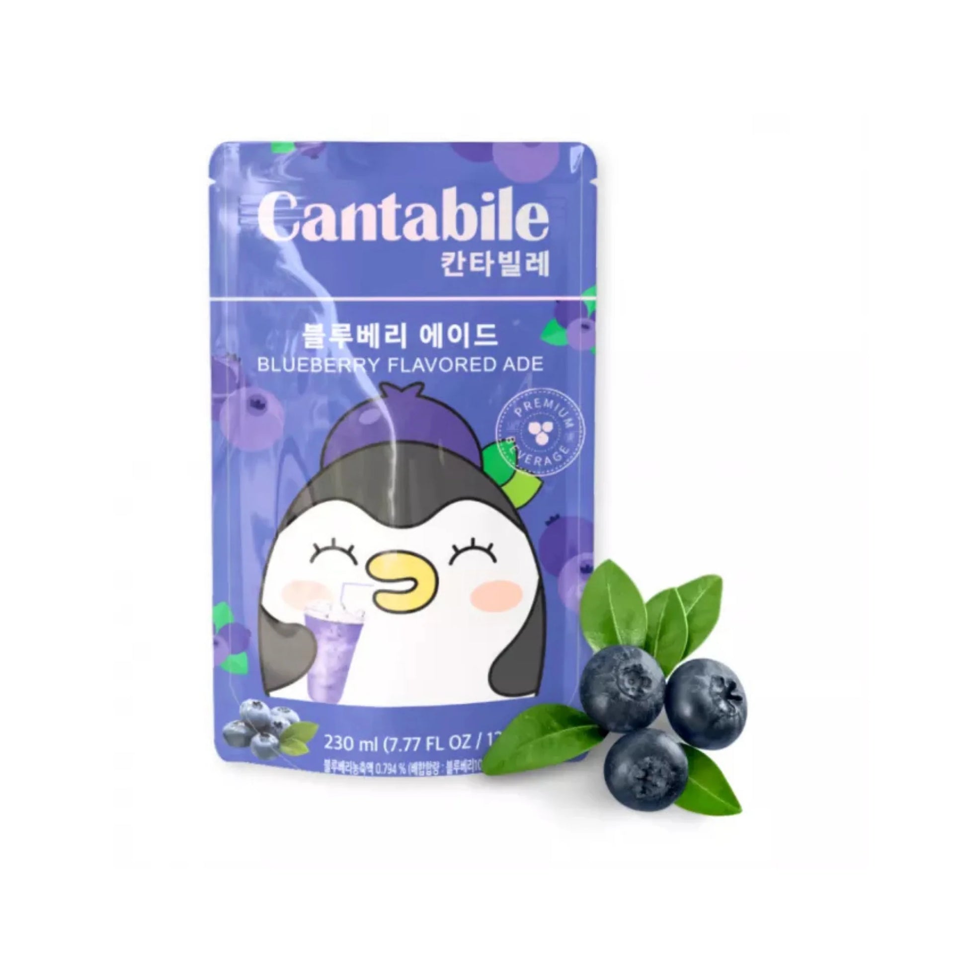 Erfrischendes Blaubeer Ade Beutelgetränk in einer 230ml Packung von CANTABILE aus Südkorea