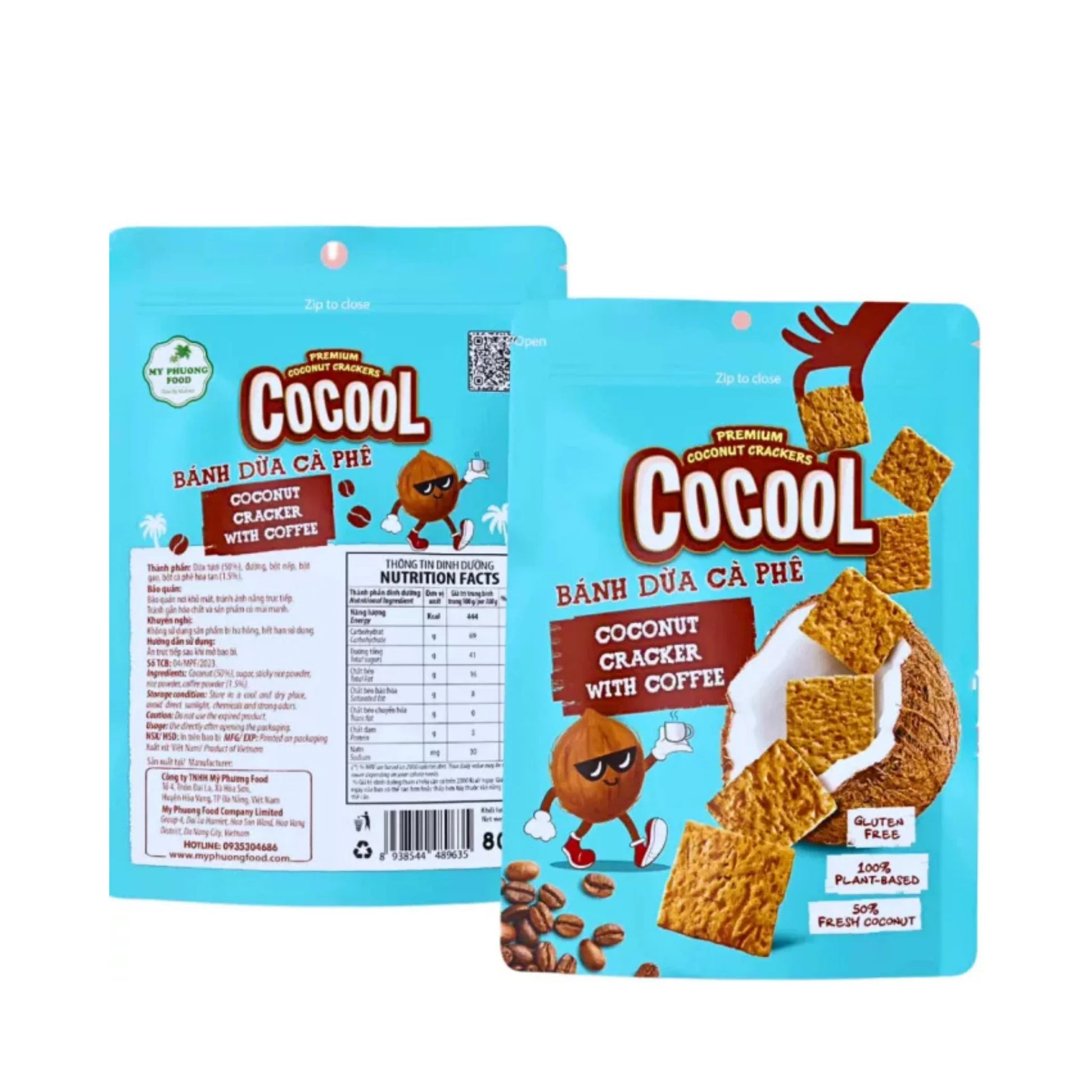Knusprige Kokosnuss-Cracker mit Kaffee-Geschmack in einer bunten 80g Packung von COCOOL