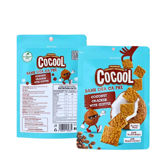 Knusprige Kokosnuss-Cracker mit Kaffee-Geschmack in einer bunten 80g Packung von COCOOL