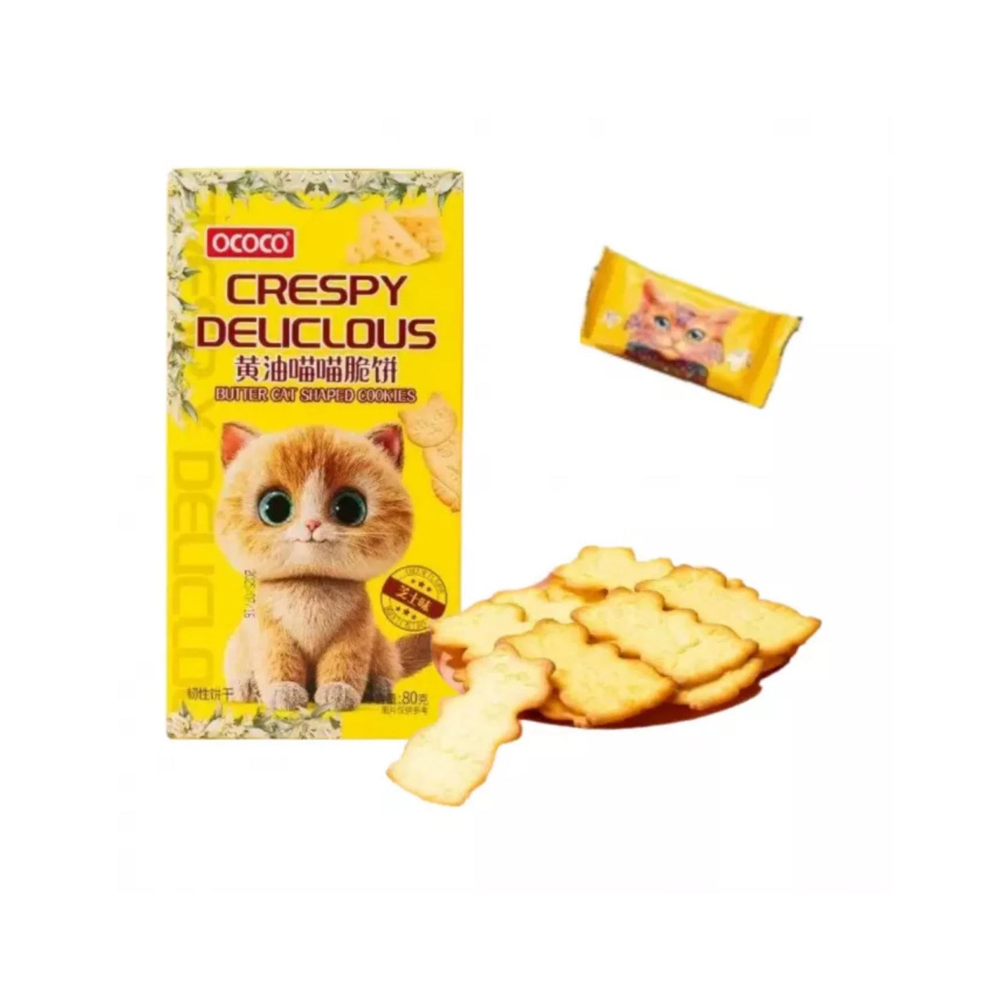 Knusprige, katzenförmige Kekse mit Käse-Geschmack in einer bunten 80g Packung von OCOCO