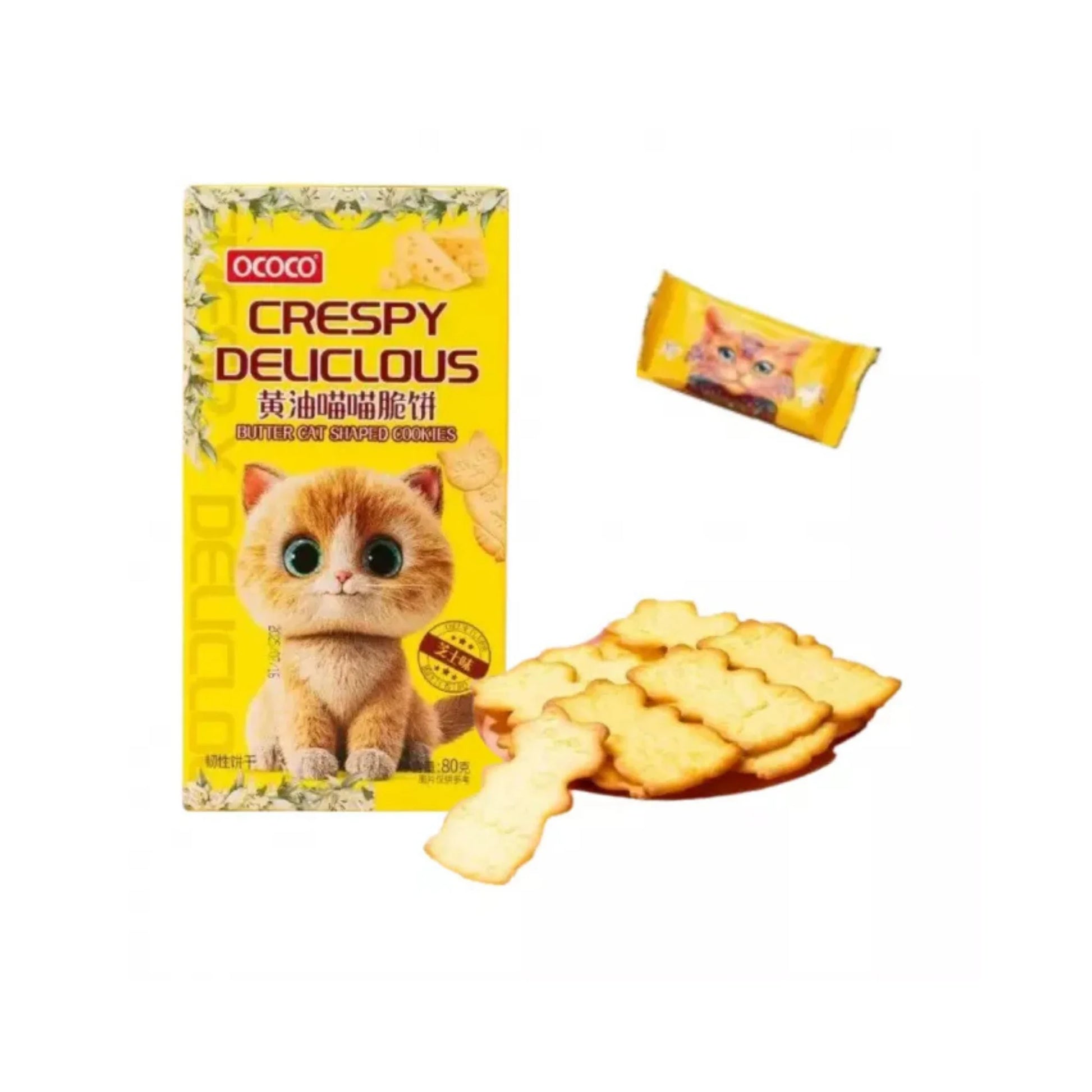Knusprige, katzenförmige Kekse mit Käse-Geschmack in einer bunten 80g Packung von OCOCO