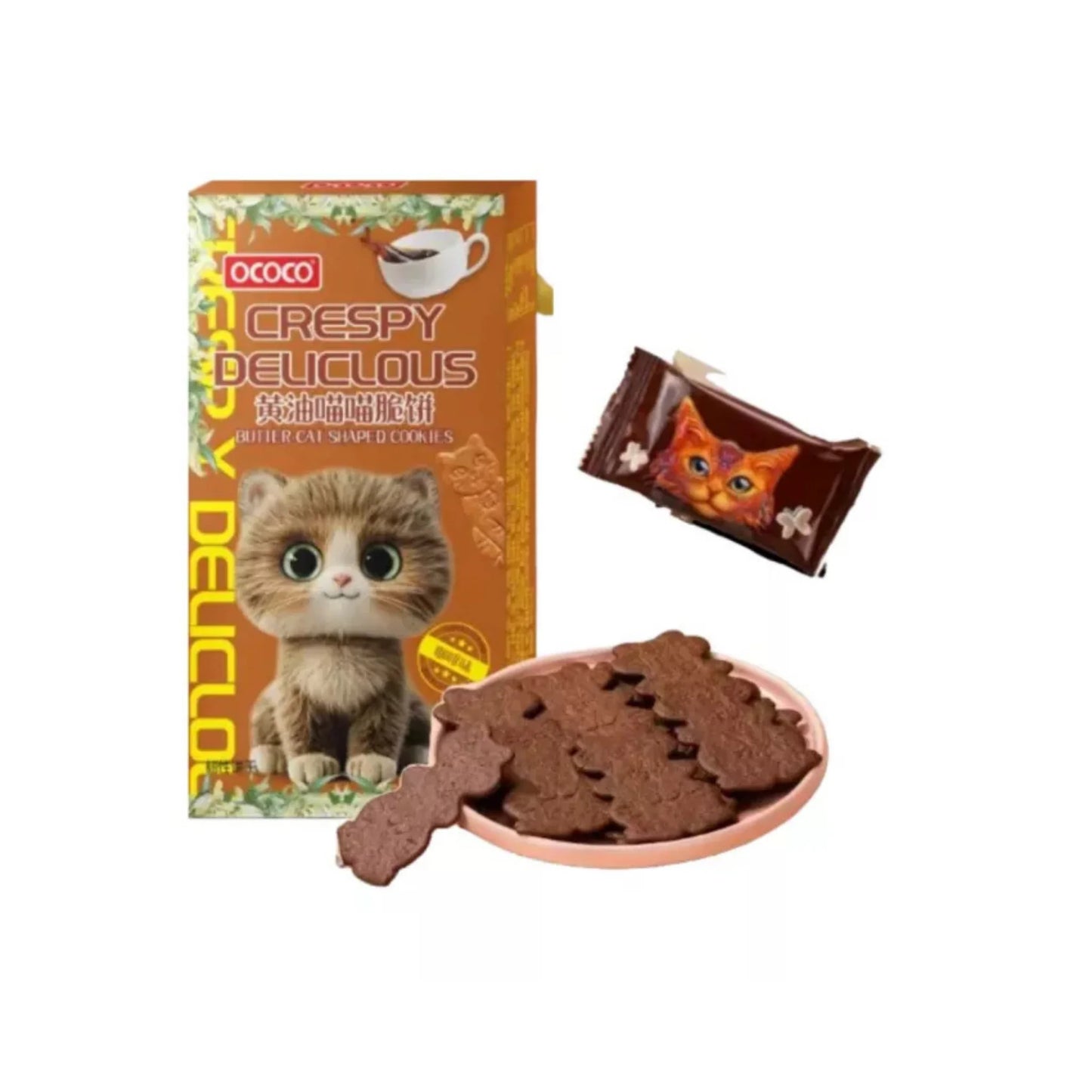 Knusprige, katzenförmige Kekse mit Kaffee-Geschmack in einer bunten 80g Packung von OCOCO