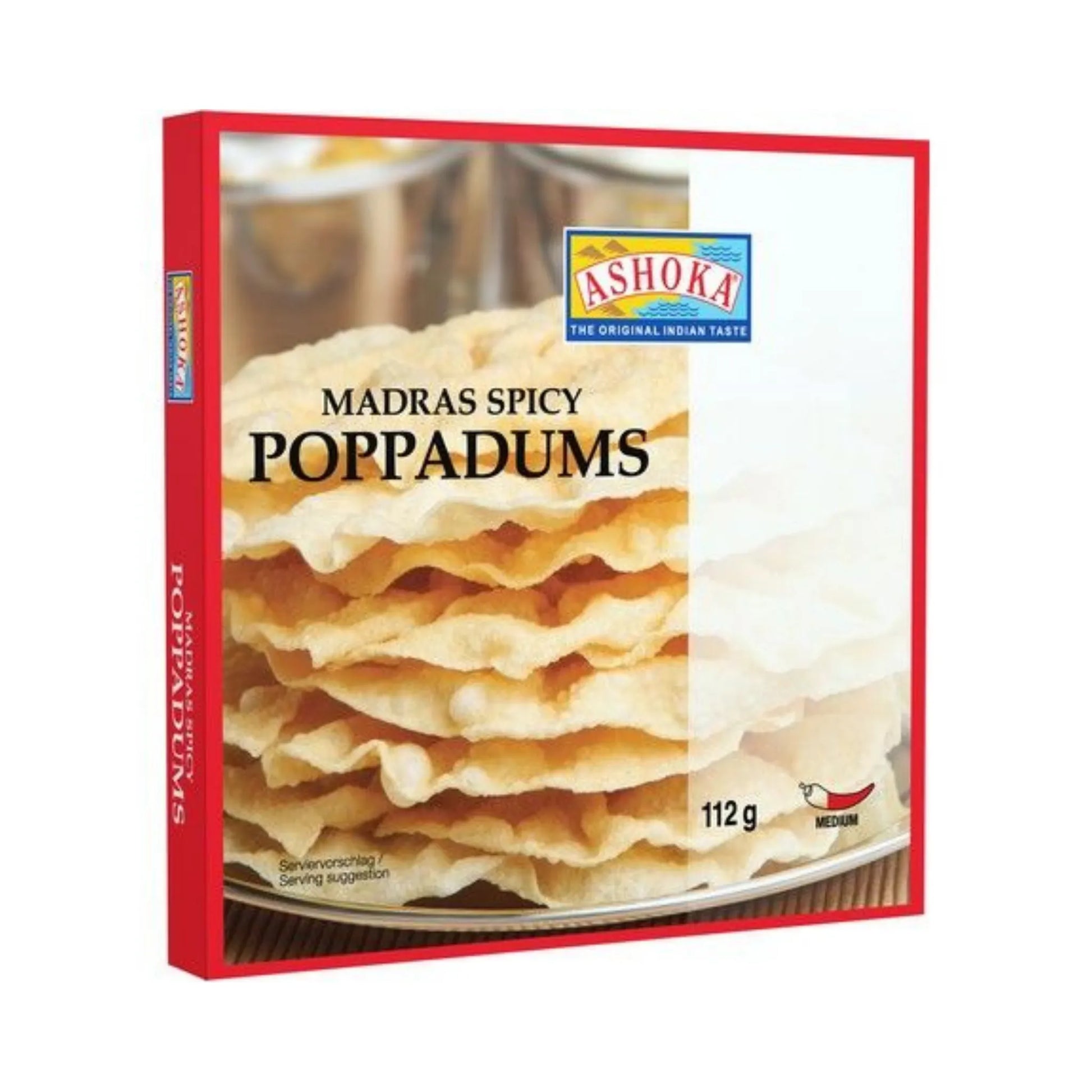 Knusprige ASHOKA Pappadums Madras Spicy Linsenfladen in einer 112g Packung aus Indien