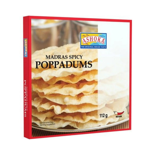 Knusprige ASHOKA Pappadums Madras Spicy Linsenfladen in einer 112g Packung aus Indien